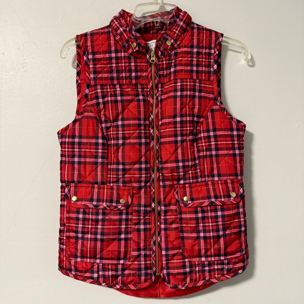 Crown & Ivy Red Plaid Quilted Puffer Vest Women Small Gold Zip Snap Pockets